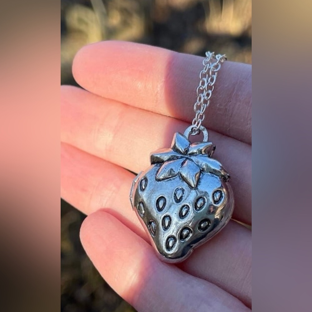 Silver strawberry locket necklace